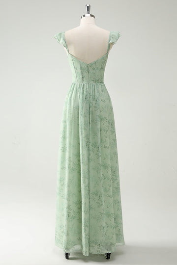 En linje grøn blomst flæser stropper lang korset gallakjole med splittet front